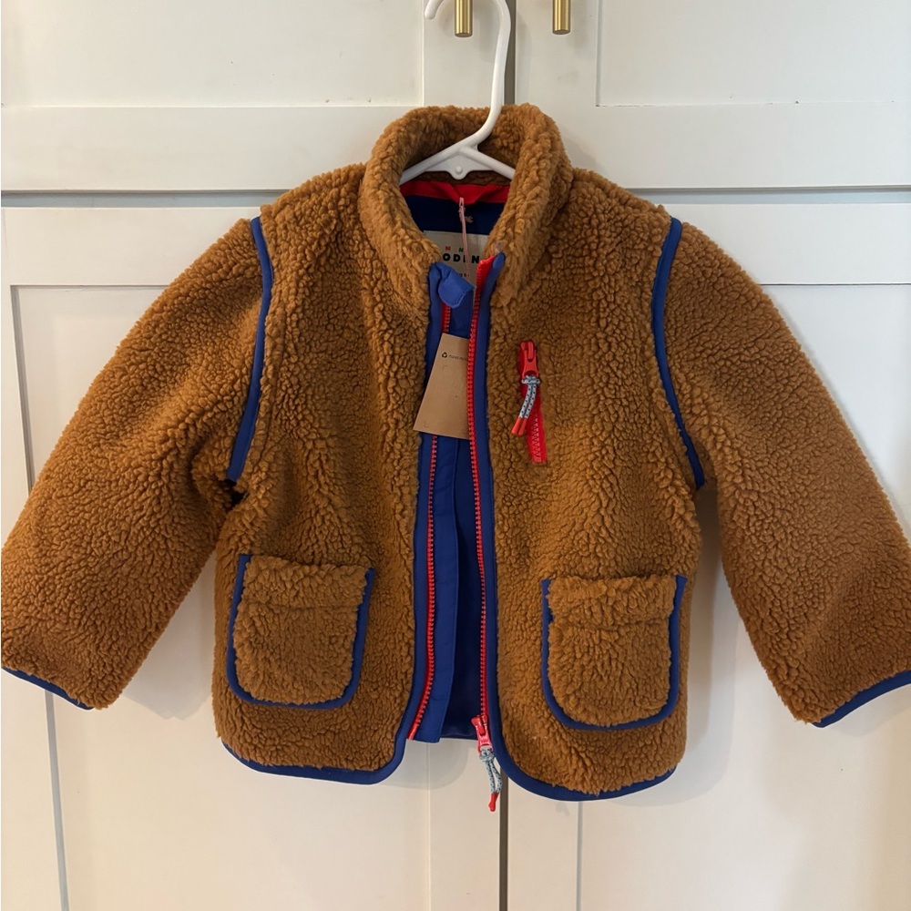 NWT Mini Boden Brown Sherpa Jacket with Blue Trim and Red Zipper